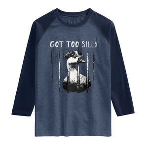Got Too Silly Goose Meme Raglan Shirt Funny Cowboy Goose Jailbird Prison TS14 Heather Denim Navy Print Your Wear