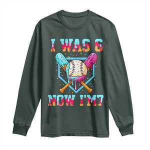I Was 6 Now I'm 7 Long Sleeve Shirt Baseball Ice Cream Drip Number 67 Player 67th Birthday TS14 Dark Forest Green Print Your Wear