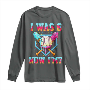 I Was 6 Now I'm 7 Long Sleeve Shirt Baseball Ice Cream Drip Number 67 Player 67th Birthday TS14 Dark Heather Print Your Wear