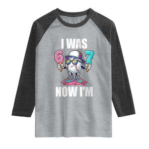 I Was 6 Now I'm 7 Raglan Shirt Baseball Ice Cream Drip Number 67 Player TS14 Heather Gray Heather Charcoal Print Your Wear