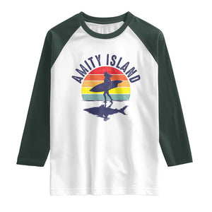 Amity Island Raglan Shirt Retro Surfing Board Humor TS14 White Dark Forest Green Print Your Wear