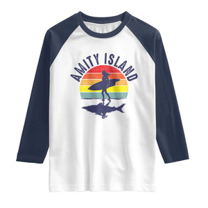 Amity Island Raglan Shirt Retro Surfing Board Humor TS14 White Navy Print Your Wear