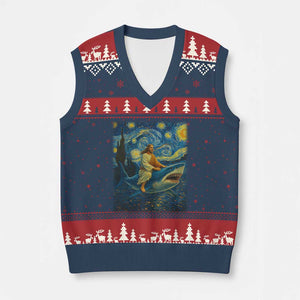 Jesus Shark Stary Night V-Neck Knit Sweater Vest Artist Van Gogh Christian TS14 Navy Red Print Your Wear