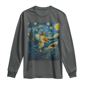 Jesus Shark Stary Night Long Sleeve Shirt Artist Van Gogh Christian TS14 Dark Heather Print Your Wear