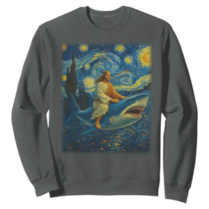 Jesus Shark Stary Night Sweatshirt Artist Van Gogh Christian TS14 Dark Heather Print Your Wear