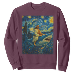 Jesus Shark Stary Night Sweatshirt Artist Van Gogh Christian TS14 Maroon Print Your Wear