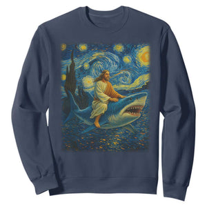 Jesus Shark Stary Night Sweatshirt Artist Van Gogh Christian TS14 Navy Print Your Wear