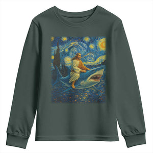 Jesus Shark Stary Night Youth Sweatshirt Artist Van Gogh Christian TS14 Dark Forest Green Print Your Wear
