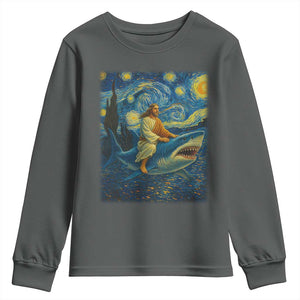 Jesus Shark Stary Night Youth Sweatshirt Artist Van Gogh Christian TS14 Dark Heather Print Your Wear