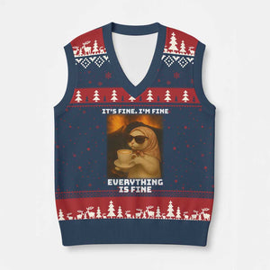 Funny Cat Meme V-Neck Knit Sweater Vest It Is Fine I Am Fine Every Thing Is Fine TS14 Navy Red Print Your Wear