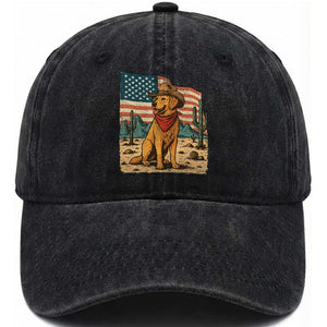 Patriotic Cowboy Dog Washed Cotton Baseball Cap American Flag Western Country TS14 Washed Cap Universal Fit Black Print Your Wear