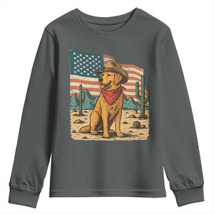 Patriotic Cowboy Dog Youth Sweatshirt American Flag Western Country TS14 Dark Heather Print Your Wear