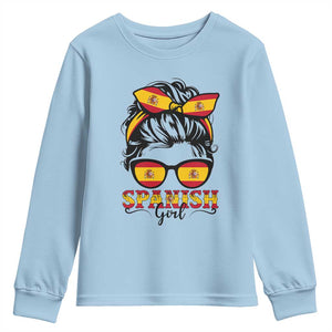Espana Spain Messy Bun Girl Spanish Flag Youth Sweatshirt TS14 Light Blue Print Your Wear