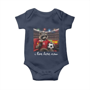Espana Spain Soccer Football Fan Spanish Flag Baby Onesie Funny Raccoon I Live Here Now TS14 Navy Print Your Wear