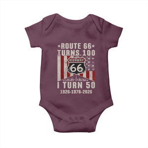 Highway 66 Turn 100 I Turn 50 Baby Onesie Vintage 1976 Born American Road Sign Centennial 2026 TS14 Maroon Print Your Wear