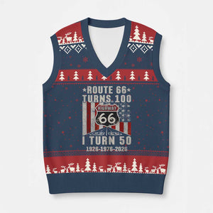 Highway 66 Turn 100 I Turn 50 V-Neck Knit Sweater Vest Vintage 1976 Born American Road Sign Centennial 2026 TS14 Navy Red Print Your Wear