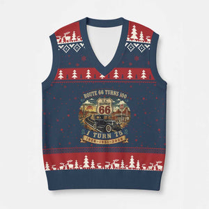 Route Highway 66 Turns 100 I Turn 75 V-Neck Knit Sweater Vest Vintage 1951 Road Sign Antique Car Lover 75th Birthday Gift