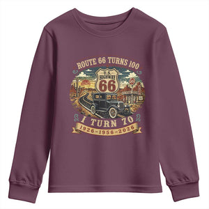 Route Highway 66 Turns 100 I Turn 70 Youth Sweatshirt Vintage 1956 Road Sign Antique Car Lover 70th Birthday Gift