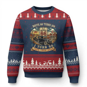 Route Highway 66 Turns 100 I Turn 60 Ugly Christmas Sweater Vintage 1966 Road Sign Antique Car Lover 60th Birthday Gift