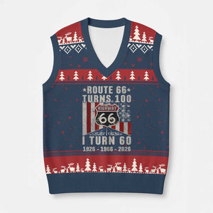 Route Highway 66 Turns 100 I Turn 60 V-Neck Knit Sweater Vest Vintage 1966 Born American Road Sign 60th Birthday Gift