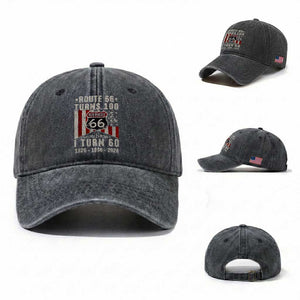 Route Highway 66 Turns 100 I Turn 60 Washed Cotton Baseball Cap Vintage 1966 Born American Road Sign 60th Birthday Gift