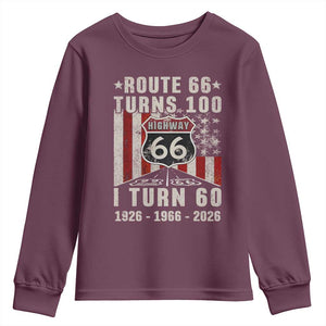 Route Highway 66 Turns 100 I Turn 60 Youth Sweatshirt Vintage 1966 Born American Road Sign 60th Birthday Gift