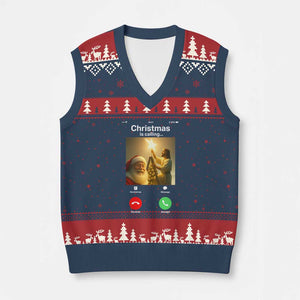 Funny Santa Jesus Video Call V-Neck Knit Sweater Vest TS14 Navy Red Print Your Wear