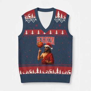 Jesus Basketball Xmas V-Neck Knit Sweater Vest He Is Rizzin TS14 Navy Red Print Your Wear