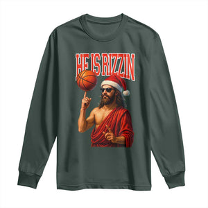 Jesus Basketball Christmas Long Sleeve Shirt He Is Rizzin TS14 Dark Forest Green Print Your Wear