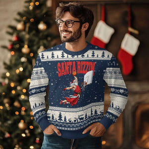 Santa Basketball Xmas Ugly Christmas Sweater He Is Rizzin TS14 Navy Beige Print Your Wear