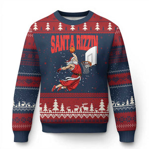 Santa Basketball Xmas Ugly Christmas Sweater He Is Rizzin TS14 Navy Red Print Your Wear