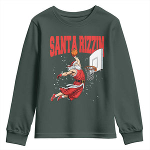 Santa Basketball Christmas Youth Sweatshirt He Is Rizzin TS14 Dark Forest Green Print Your Wear