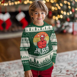 Funny Satan Xmas Ugly Christmas Sweater Jesus Has Your Back TS14 Forest Green Beige Print Your Wear