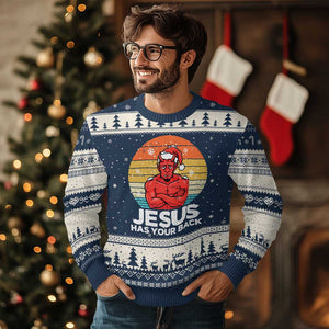 Funny Satan Xmas Ugly Christmas Sweater Jesus Has Your Back TS14 Navy Beige Print Your Wear
