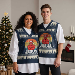 Funny Satan Xmas V-Neck Knit Sweater Vest Jesus Has Your Back TS14 Navy Beige Print Your Wear