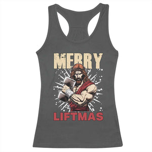 Jesus Gym Christmas Racerback Tank Top Merry Liftmas Xmas TS14 Dark Heather Print Your Wear