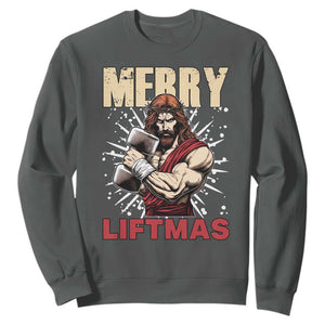 Jesus Gym Christmas Sweatshirt Merry Liftmas Xmas TS14 Dark Heather Print Your Wear