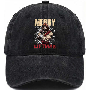 Jesus Gym Christmas Washed Cotton Baseball Cap Merry Liftmas Xmas TS14 Washed Cap Universal Fit Black Print Your Wear