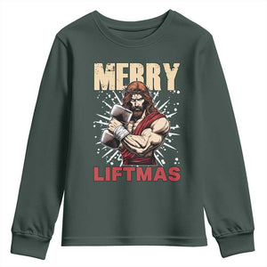 Jesus Gym Christmas Youth Sweatshirt Merry Liftmas Xmas TS14 Dark Forest Green Print Your Wear