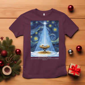 Christian Christmas T Shirt Nativity Scene Jeus Baby Starry Night Xmas TS14 Maroon Print Your Wear