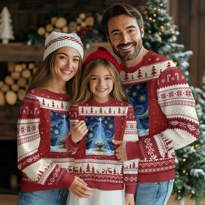 Christian Xmas Ugly Christmas Sweater Nativity Scene Jeus Baby Starry Night Xmas TS14 Red Beige Print Your Wear