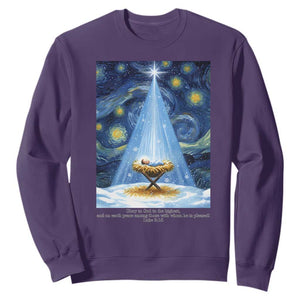 Christian Christmas Sweatshirt Nativity Scene Jeus Baby Starry Night Xmas TS14 Purple Print Your Wear