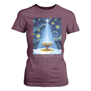 Christian Christmas T Shirt For Women Nativity Scene Jeus Baby Starry Night Xmas TS14 Maroon Print Your Wear