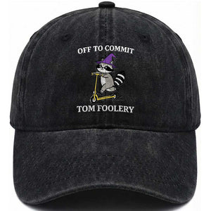 Funny Raccoon Scooter Meme Washed Cotton Baseball Cap Off To Commit Tom Foolery TS14 Washed Cap Universal Fit Black Print Your Wear