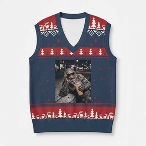 Bigfoot Drinking Iced Coffee V-Neck Knit Sweater Vest Funny Sasquatch Streetwear TS14 Navy Red Print Your Wear