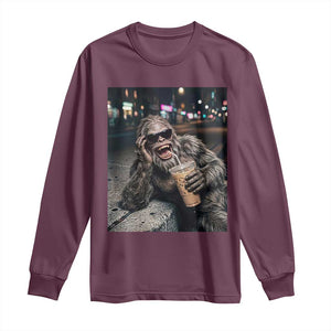 Bigfoot Drinking Iced Coffee Long Sleeve Shirt Funny Sasquatch Streetwear TS14 Maroon Print Your Wear