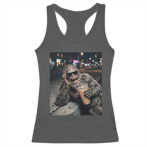 Bigfoot Drinking Iced Coffee Racerback Tank Top Funny Sasquatch Streetwear TS14 Dark Heather Print Your Wear