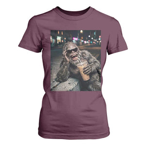 Bigfoot Drinking Iced Coffee T Shirt For Women Funny Sasquatch Streetwear TS14 Maroon Print Your Wear