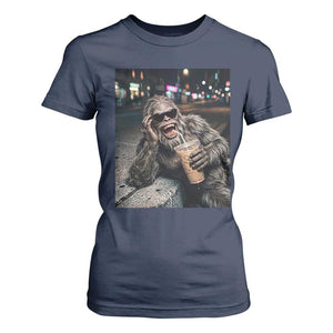 Bigfoot Drinking Iced Coffee T Shirt For Women Funny Sasquatch Streetwear TS14 Navy Print Your Wear
