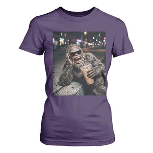 Bigfoot Drinking Iced Coffee T Shirt For Women Funny Sasquatch Streetwear TS14 Purple Print Your Wear